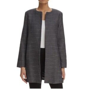 Eileen Fisher Herringbone Open Front Long Jacket Lined Cotton/Rayon Pockets Sz M
